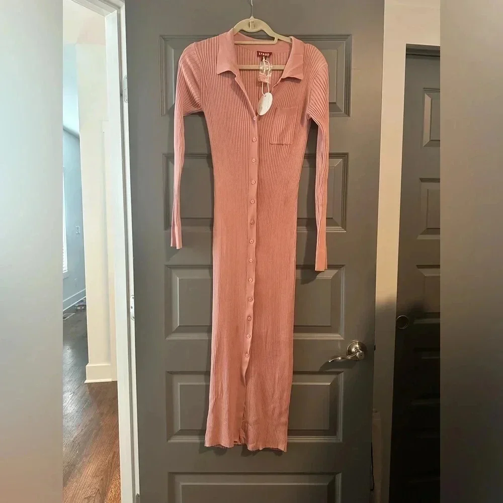 STAUD Napa Ribbed Long Sleeve Midi Dress in Blush NWT size L - Picture 4 of 7